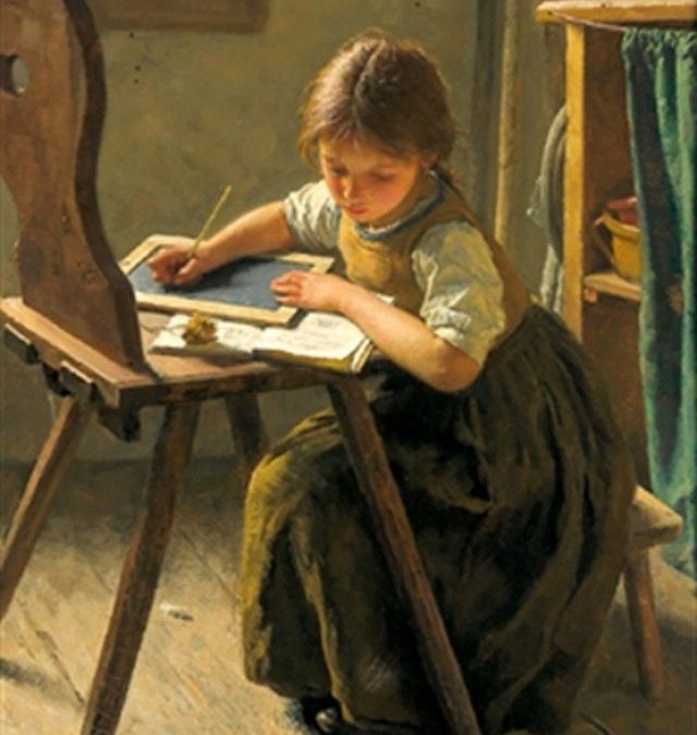 Painting of a young girl writing on a slate