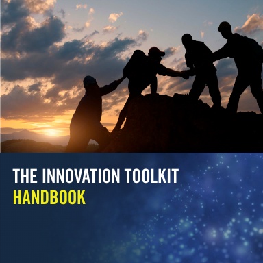 A silhouetted group of people climbing a mountain, with the words "The Innovation Toolkit Handbook" on a blue background.